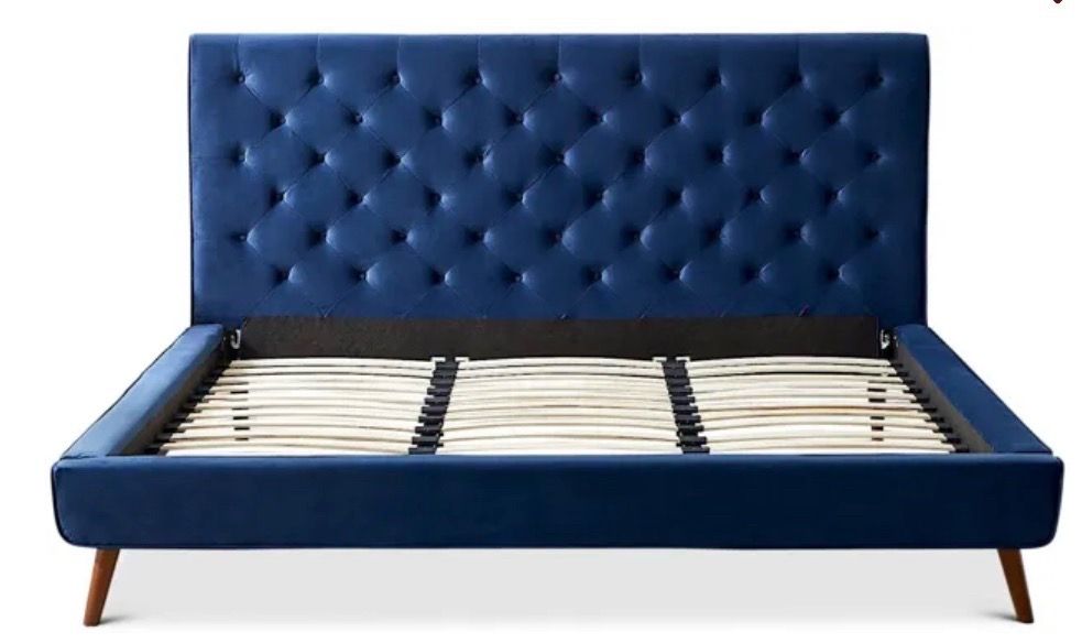 Luxury Cal King Royal Blue Velvet Platform Bed Frame