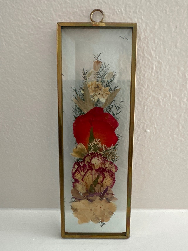 VTG brass-trimmed glass frame displaying pressed dried flowers
