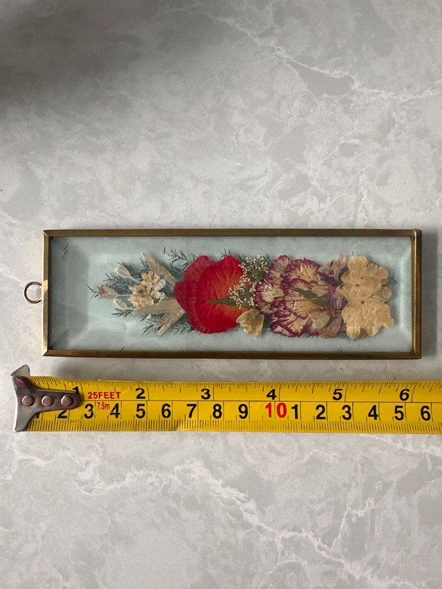 VTG brass-trimmed glass frame displaying pressed dried flowers - photo 4