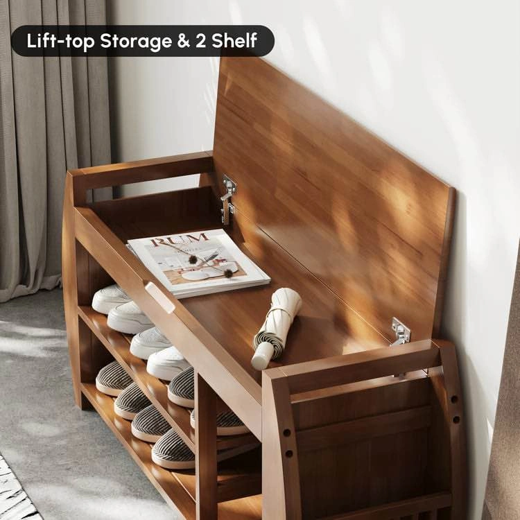 Bamboo Shoe Storage Bench with Lift-Top and Side Rack - photo 2