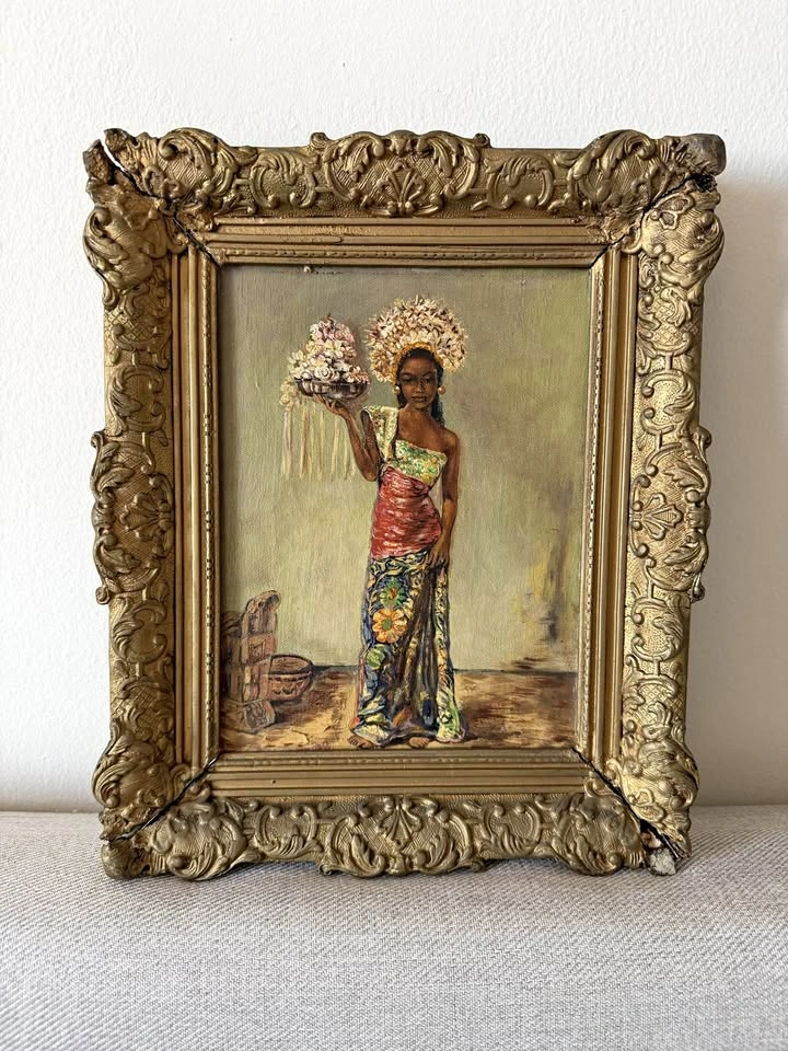 Vintage Oil Painting: Balinese Temple Dancer in Gilt Frame