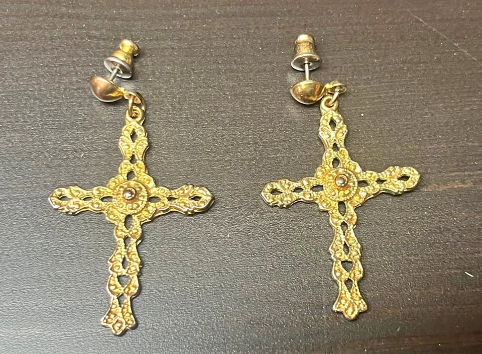 Gold-Tone Filigree Cross Dangle Earrings