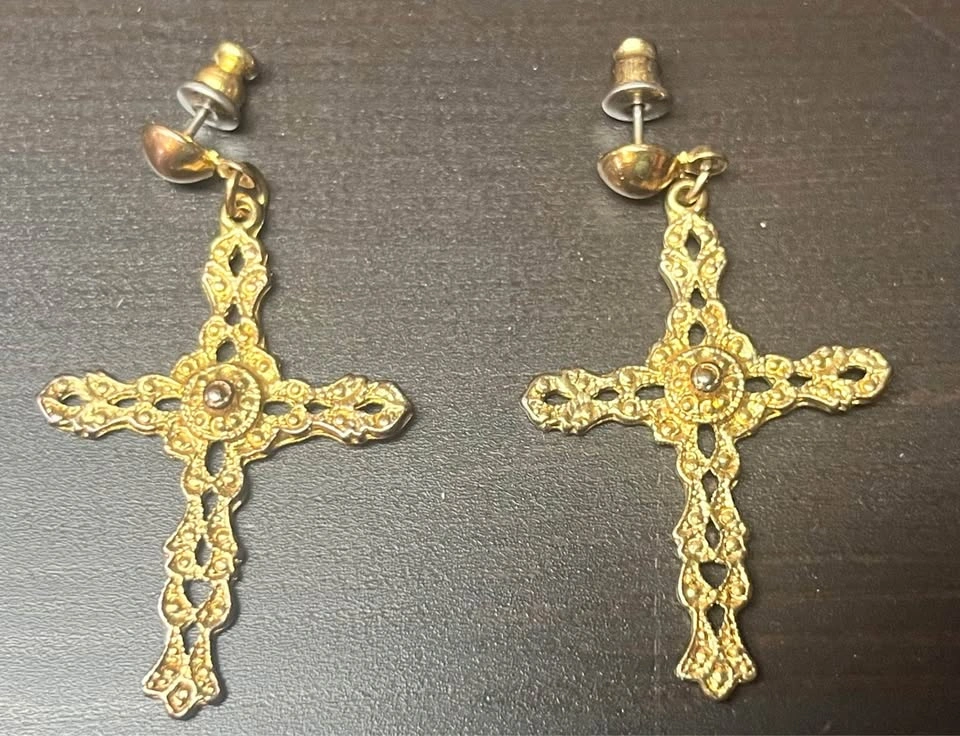 Gold-Tone Filigree Cross Dangle Earrings - photo 2