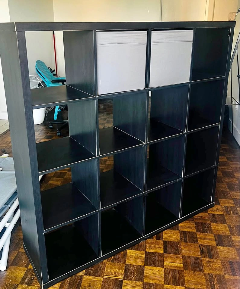 IKEA KALLAX 4×4 Storage Unit with 16 Grey Fabric Bins