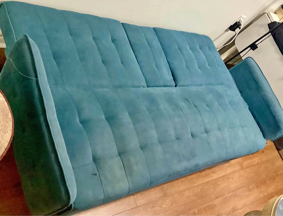 Teal Velvet Futon Sofa Bed with Cup Holders