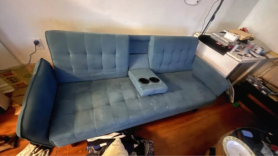 Teal Velvet Futon Sofa Bed with Cup Holders - photo 2