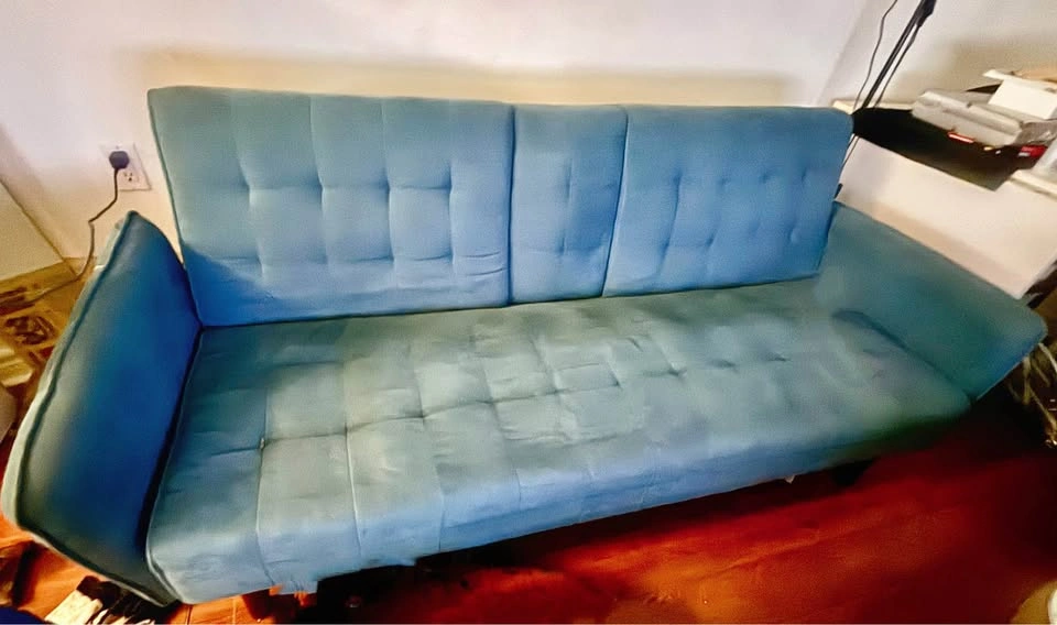 Teal Velvet Futon Sofa Bed with Cup Holders - photo 3