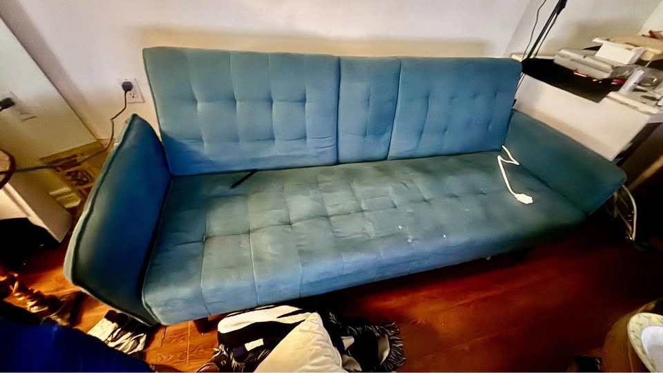Teal Velvet Futon Sofa Bed with Cup Holders - photo 4