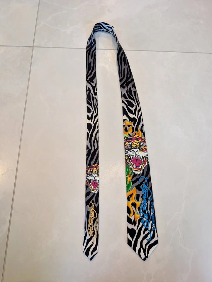 Vintage Ed Hardy Tiger Zebra Print Silk Tie Y2K Christian Audigi