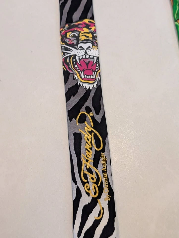 Vintage Ed Hardy Tiger Zebra Print Silk Tie Y2K Christian Audigi - photo 2