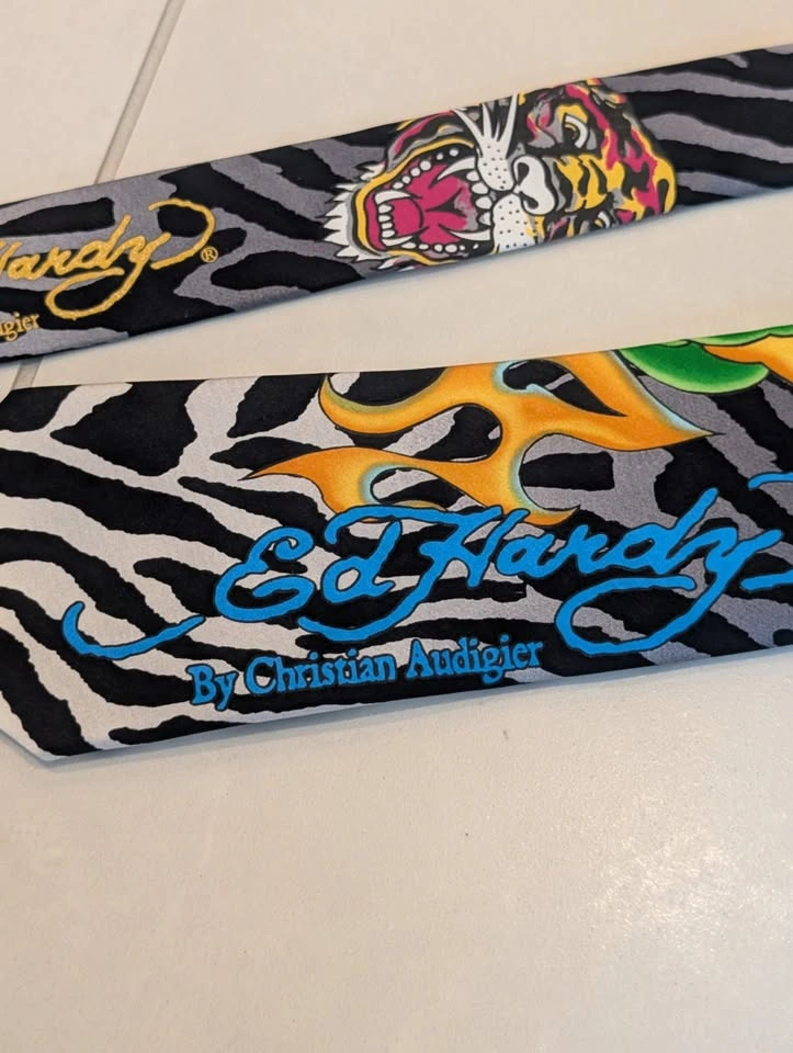 Vintage Ed Hardy Tiger Zebra Print Silk Tie Y2K Christian Audigi - photo 5