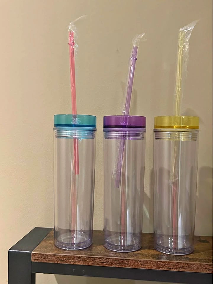 Double Wall 480ml 16oz Clear Skinny Tumbler with Straw - New
