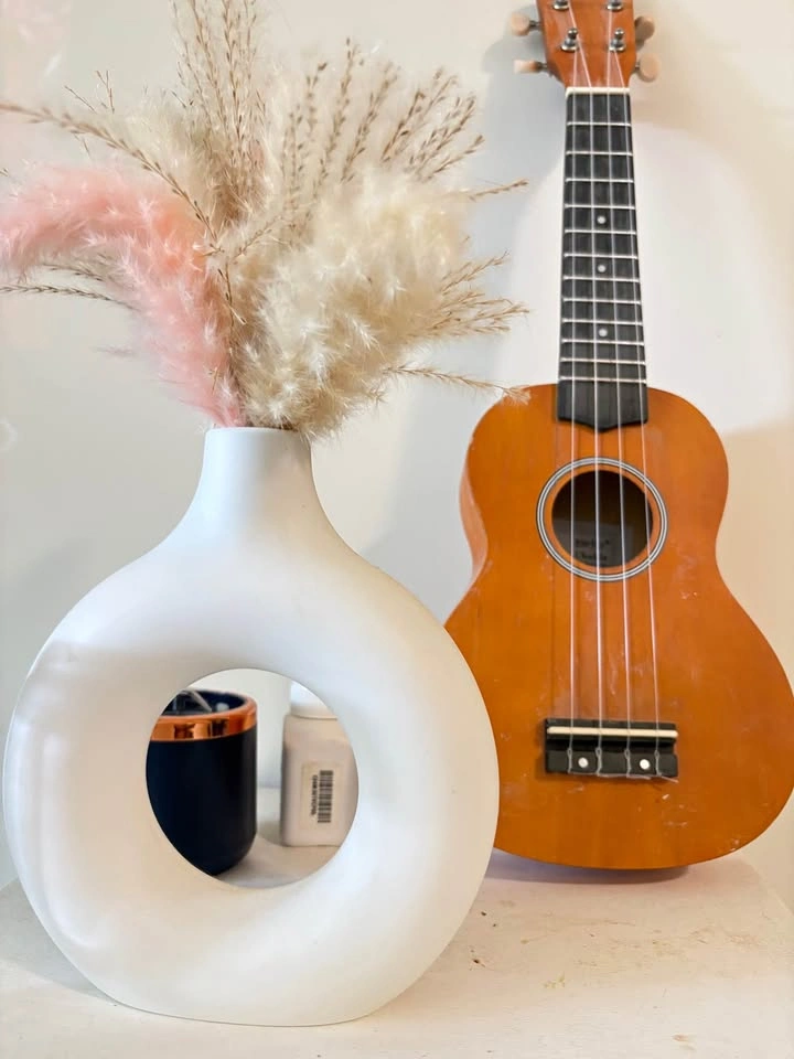Ukulele, Ceramic Vase & Faux Pampas Grass