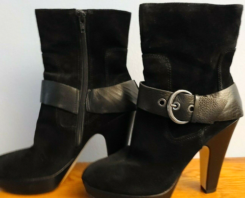 Nine West Black Suede Zippered Stack High Heel Boots 5M