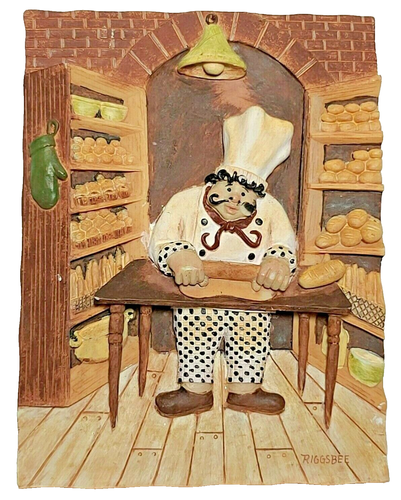 3D Baker with bread rolls Hand-painted Signed Artisan Ceramic Wa