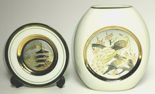 Genuine Japanese Chokin Art 24K Gold Edge Peacock & Pagoda