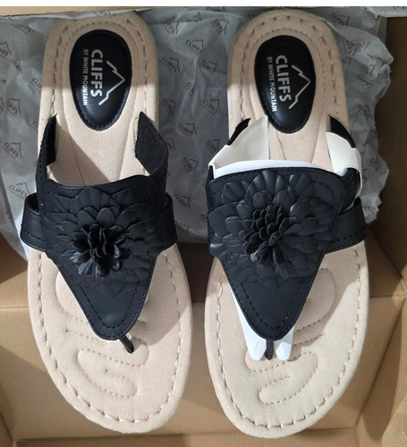 NIB Black Sz 10 Cushioned Thong Sandals Flower Accent - photo 2