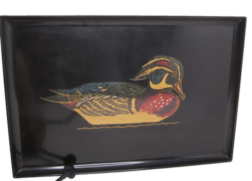 Couroc of Monterey Wood Duck Inlaid Black Lacquer Tray