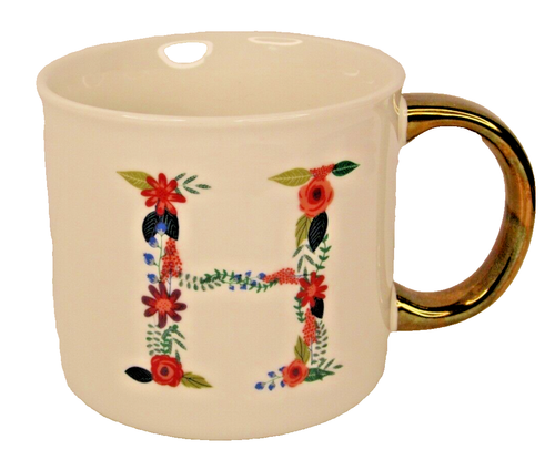 Floral Monogram Initial H Gold Handle 2-sided Cup Coffee Tea Mug