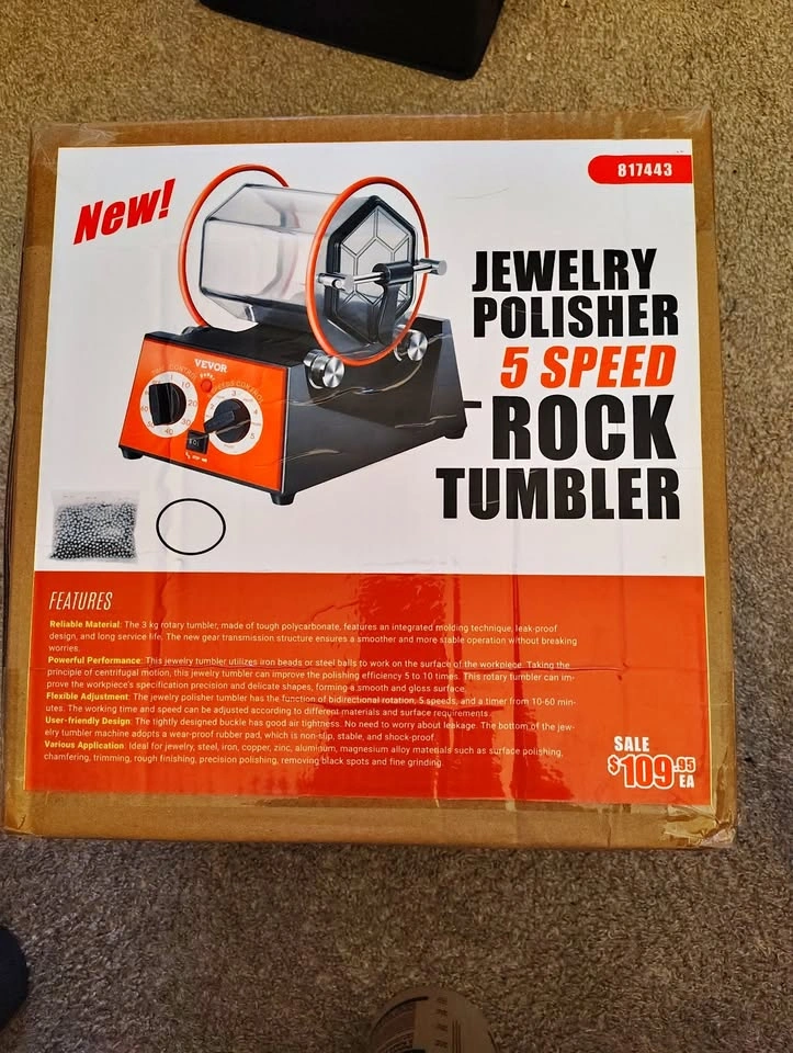 Large rock tumbler with coarse/fine grit and plastic pellets