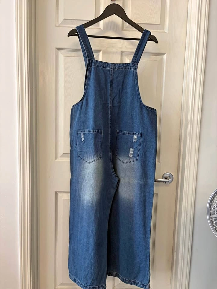 Distressed Wide Leg Denim Overalls