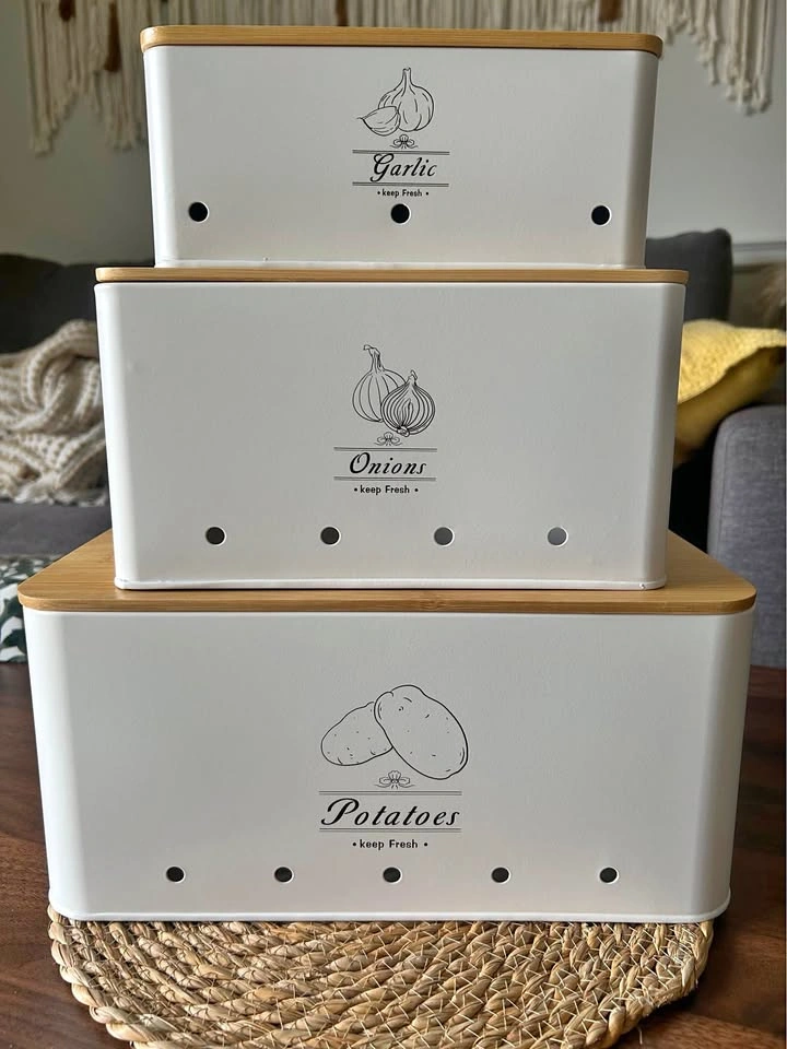 Metal storage bins with wooden lids