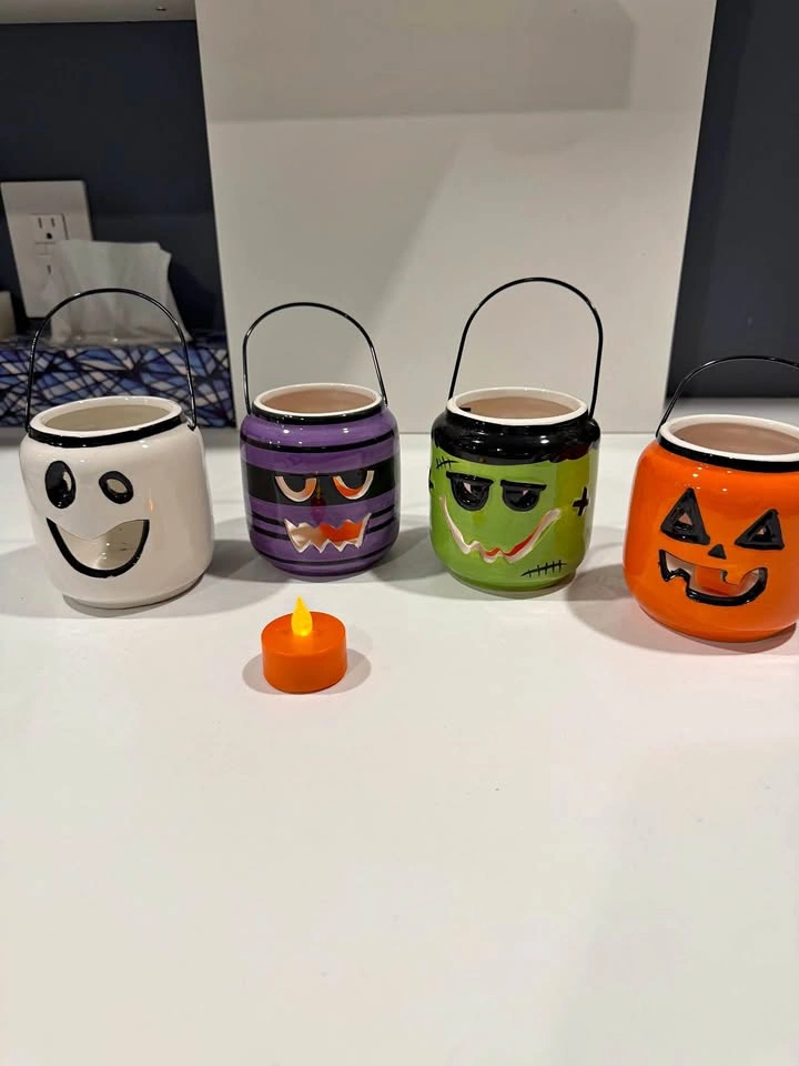 Set of 4 Ceramic Halloween Candle Holders with Candles