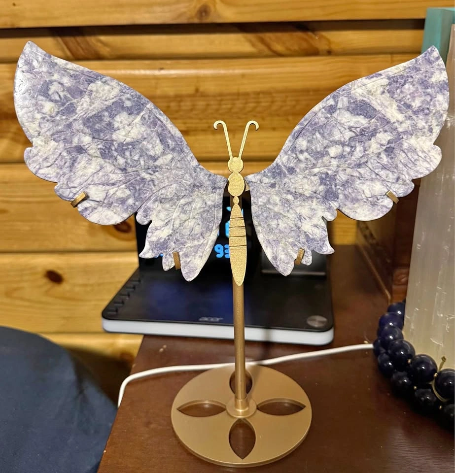 Large Natural Lepidolite Crystal Butterfly Wings on Gold Stand