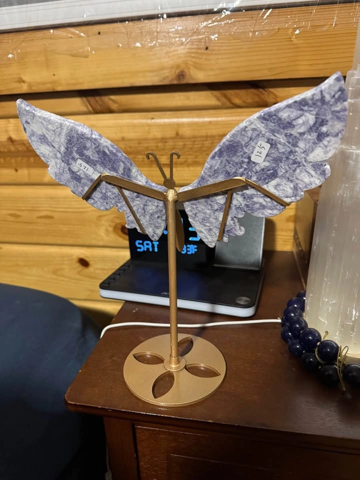 Large Natural Lepidolite Crystal Butterfly Wings on Gold Stand - photo 2