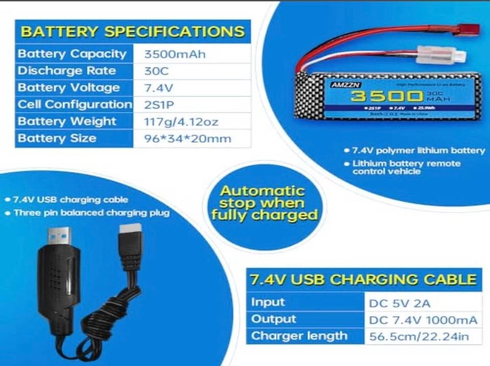 AMZZN 7.4V 3500mAh 30C Li-po Battery with USB Smart Charger - photo 3