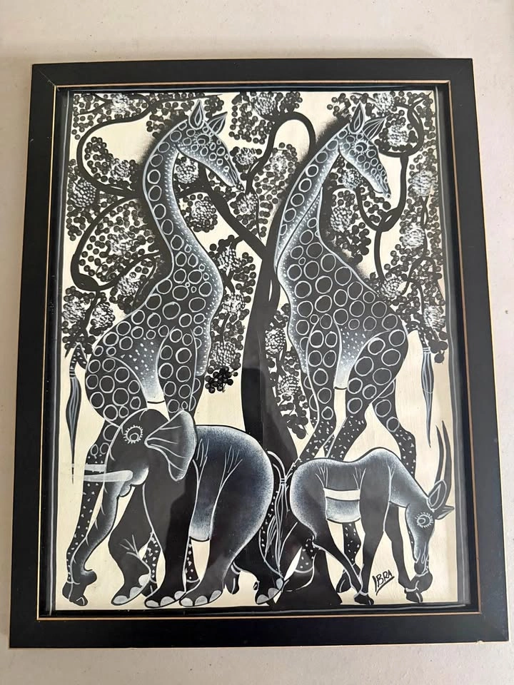 Black and white painting of African Wildlife by IBRA