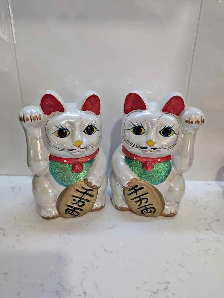 Pair of Ceramic Maneki-Neko Lucky Cats