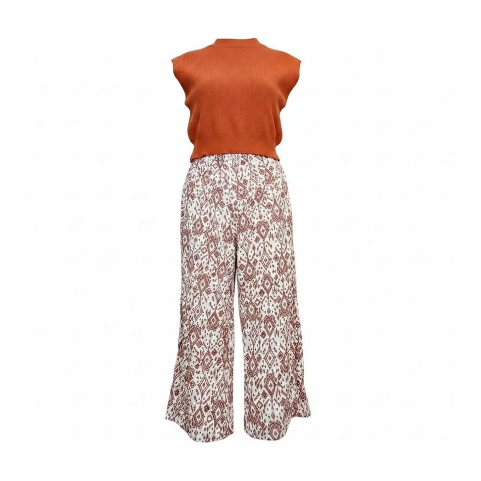 Sleeveless Knit Top and Patterned Wide-Leg Pants Set