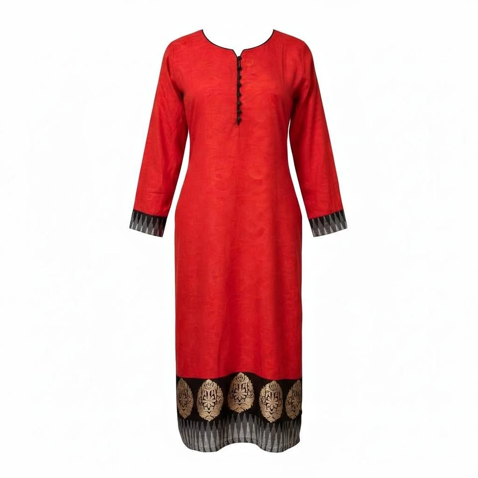 Red Long Kurta with Embroidered Border