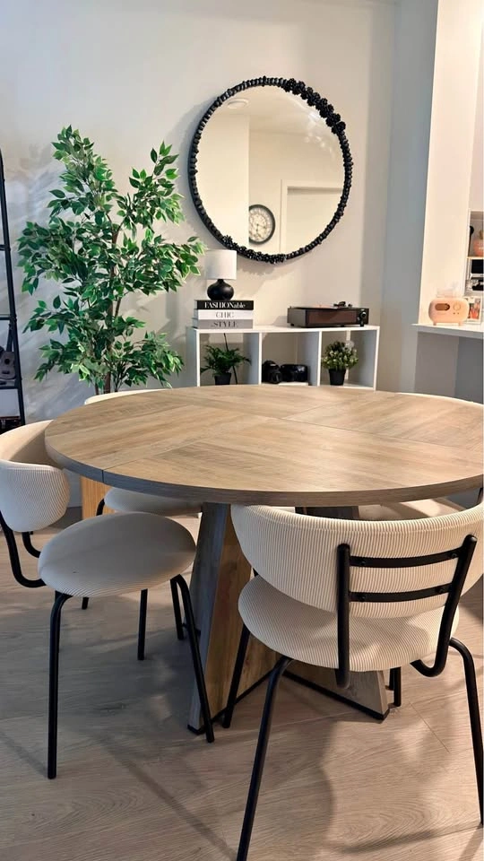 Oak Dining Table + 4 Cream Upholstered Chairs