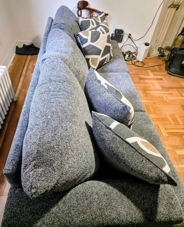 Gray Three-Cushion Sofa with Four Patterned Pillows - photo 3