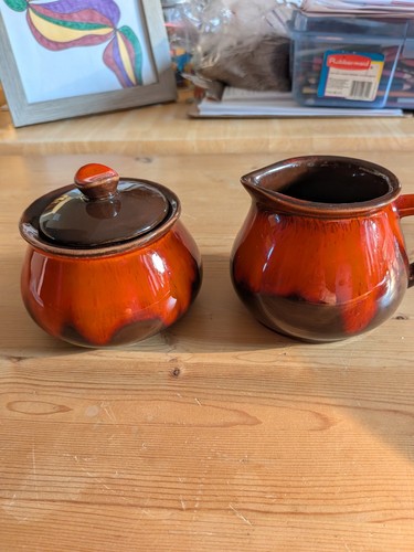 Vintage Canadiana Pottery Orange Brown Drip Glaze Lidded Sugar B