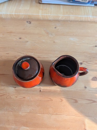 Vintage Canadiana Pottery Orange Brown Drip Glaze Lidded Sugar B - photo 2