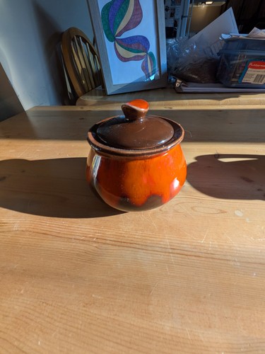 Vintage Canadiana Pottery Orange Brown Drip Glaze Lidded Sugar B - photo 3