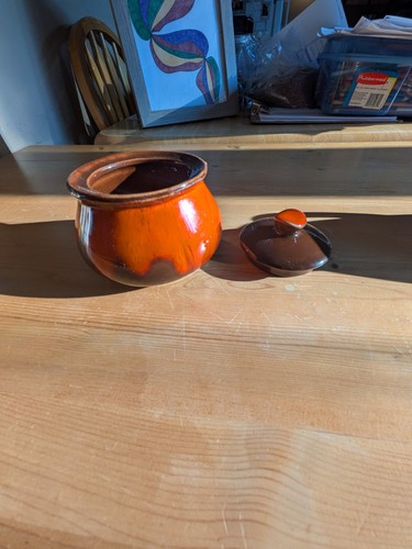 Vintage Canadiana Pottery Orange Brown Drip Glaze Lidded Sugar B - photo 4