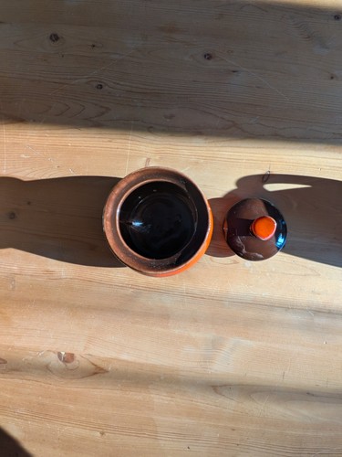 Vintage Canadiana Pottery Orange Brown Drip Glaze Lidded Sugar B - photo 5