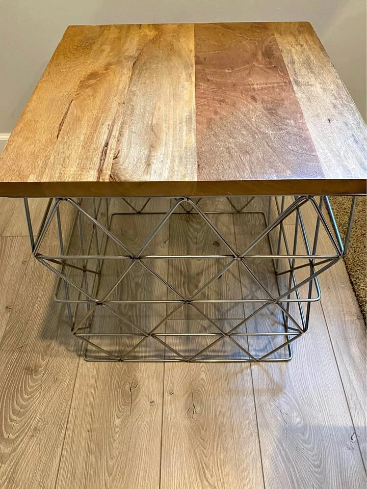Wood and Geometric Design Metal Side Table
