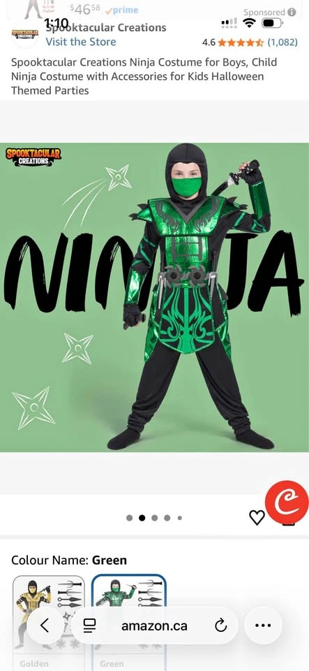 Boys Green Ninja Halloween Costume – Size M (8–10)