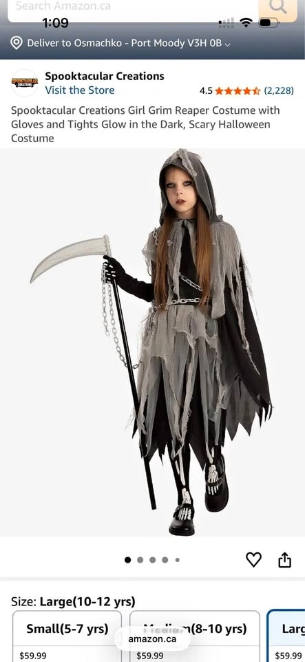 Girls Grim Reaper Halloween Costume – Size L (10–12)