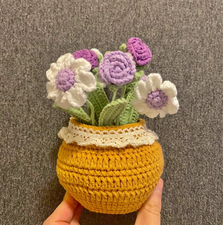 Crochet Purple/White Flowers in Pot