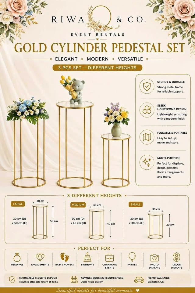 GOLD CYLINDER PEDESTAL SET — 3 PCS ✨