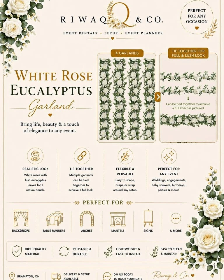 White Rose Eucalyptus Garland – Luxury Wedding & Event Decor Ren