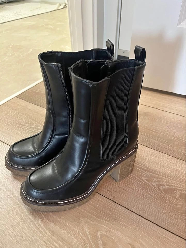 Black Faux Leather Platform Block Heel Chelsea Boots