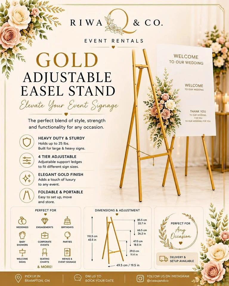 Gold Adjustable Easel Stand Rental | Wedding & Event Sign Displa