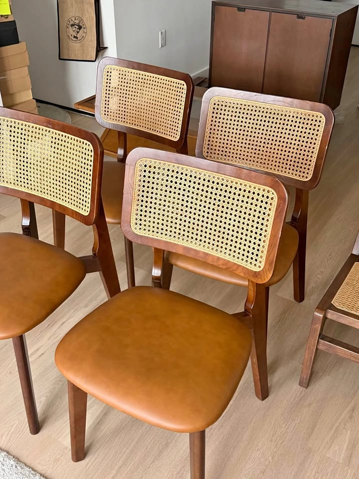 Art Leon Mid Century Modern Wood Leather Rattan Dining Chairs